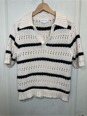 Gemma + Jane Cream Short-Sleeve Open-Knit Polo with Black Stripes